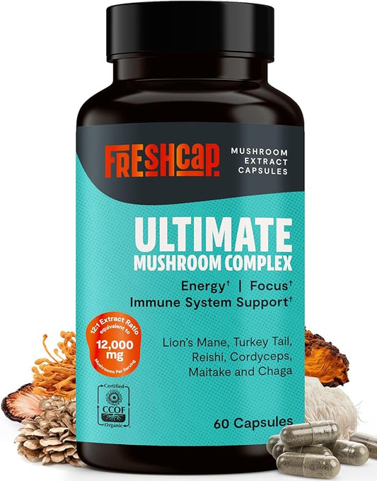 FreshCap Mushrooms Ultimate Mushroom Supplement 12,000mg - Nootropic Mushroom Complex Capsules, Organic Mushrooms Supplement, Nootropic Brain Supplements for Memory and Focus Ayurveda (60 Capsules)