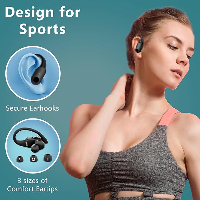 Wireless Earbuds Bluetooth Headphones, 80H Battery with Charging Case, Bluetooth 5.3, Physical Buttons, Real-Time Translation APP, Sport Ear Hooks for Running/Gym/Travel(Black)