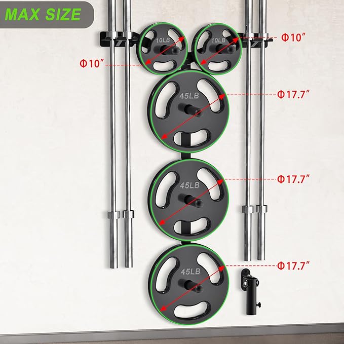Wall Mounted Weight Plate Rack, Heavy Duty Olympic Barbell Holder & T Bar Row Landmine Attachment, 5 Pegs & 4 Barbell Storage, Space-Saving Home Gym Organizer