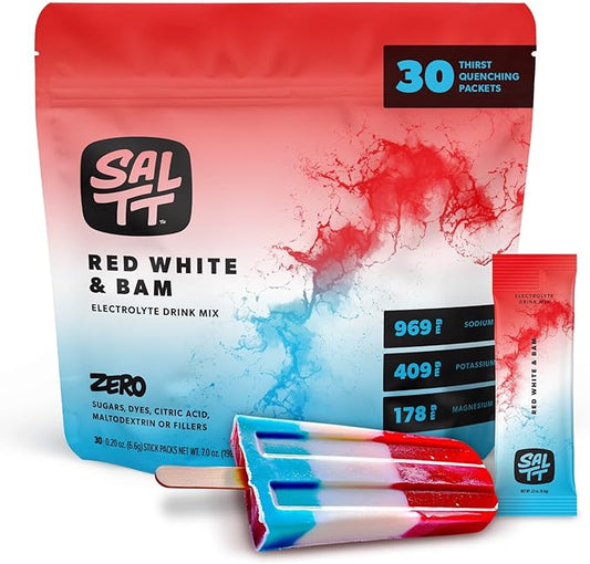 SALTT Electrolytes Powder Drink Mix - Red White and Bam- 30 Hydration Packets - Magnesium, Potassium, Sodium, Trace Minerals - Zero Sugar & Gluten Free - Travel Essentials