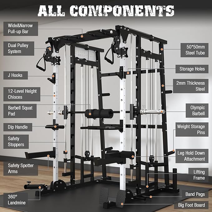 Smith Machine,2200 LBS Squat Rack for Home Gym with Dual Pulley System,Multifunctional Power Rack Cage for Strength Training with More Attachments