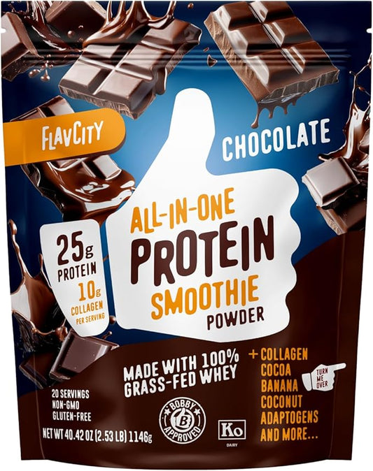 FlavCity Grass Fed Whey Chocolate Protein Powder - 25g Protein & 10g Collagen - Made with Organic Cocoa, Bananas & Coconut Milk - Gluten Free & No Added Sugars (20 Servings)