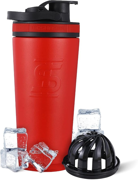 Ice Shaker Insulated Stainless Steel Shaker Bottle | 26oz, Red/Black | Cold for 30+ Hours | Insulated Cup with Twist-on Agitator | Odor-Free Bottle for Protein Shakes, Water, Smoothies, Cocktails