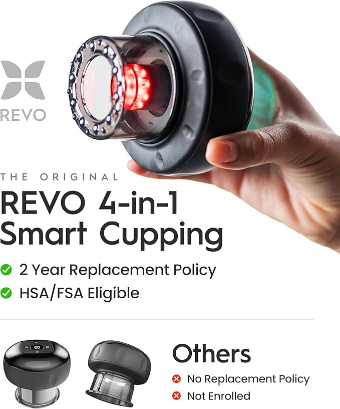 REVO The Original 4-in-1 Smart Cupping Therapy Massager, Red Light Therapy for Targeted Pain Relief, Knots, Aches, Muscle Soreness, Circulation & Tighter Skin, Portable Cupping Kit