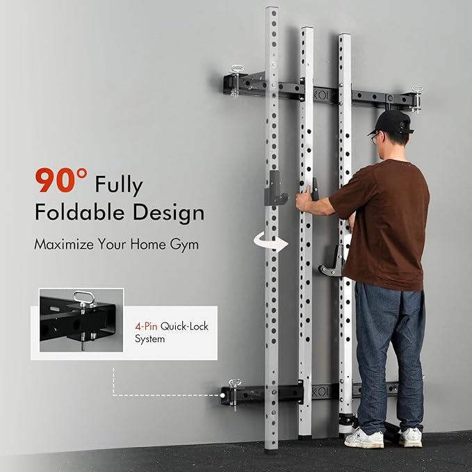 Mikolo 2" x 2" Folding Wall Mounted Squat Rack, 1000 Pounds Capacity Power Rack with Pull Up Bar, J Hooks and Other Attachments, Space-Saving Home Gym