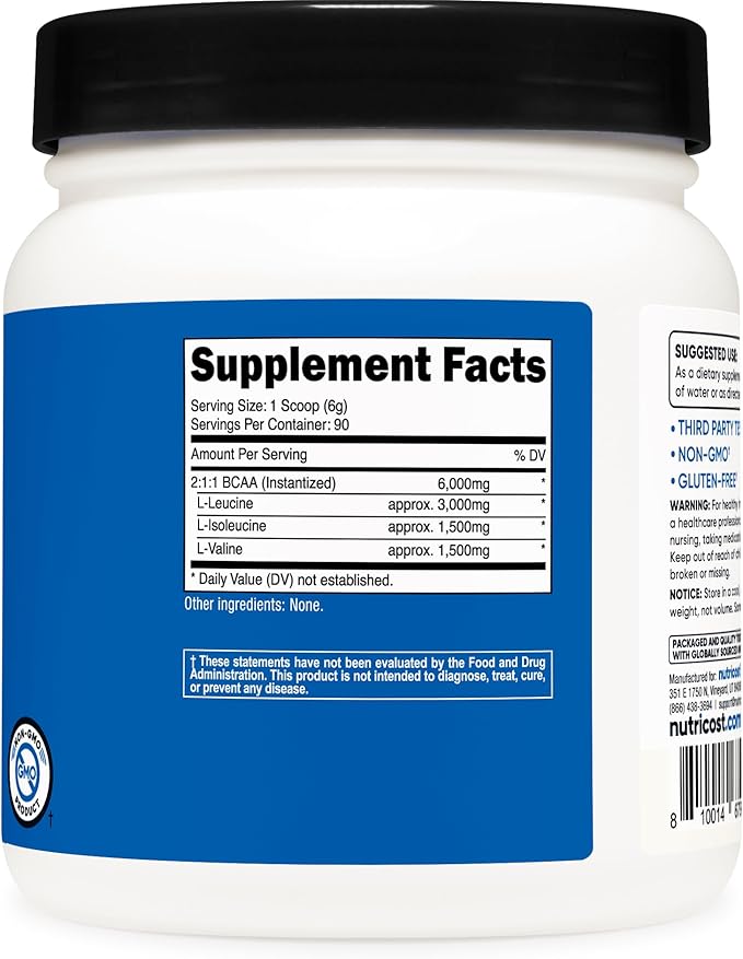 Nutricost BCAA Powder 2:1:1 (90 Servings, No Flavor Added) - Branched Chain Amino Acids