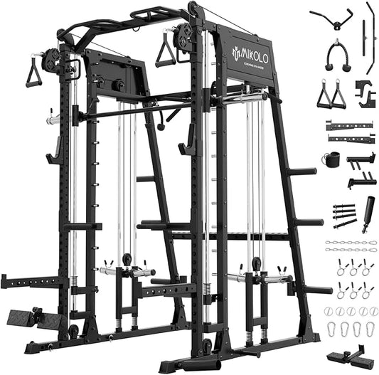 Mikolo Smith Machine, 2200lbs Squat Rack with LAT-Pull Down System & Cable Crossover Machine, Training Equipment with Leg Hold-Down Attachment