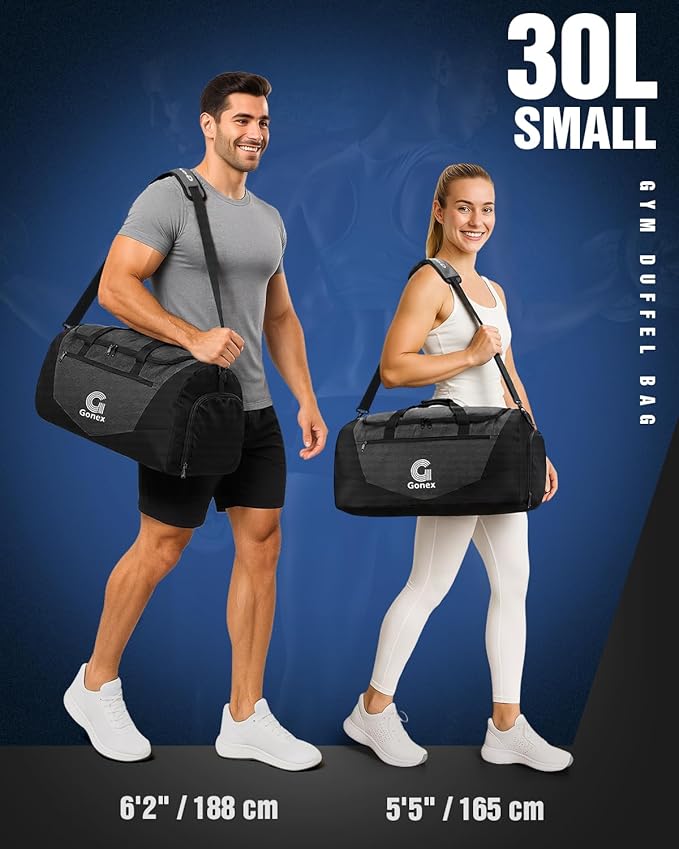 Gonex Gym Duffel Bag with Shoe Compartment Wet Pocket, Large Capacity Sports Duffle Bag for Men Women, Workout & Travel Bag with Multiple Pockets, Black, Small (30L)