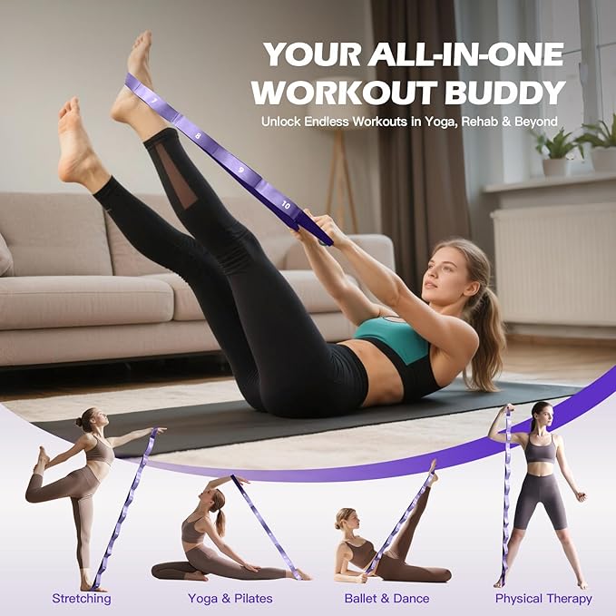 ROSAPOAR Stretching Strap with Loops - Non Elastic Yoga Straps for Physical Therapy, Durable Stretch Bands for Exercise, Flexibility Training, Hamstring & Leg Stretcher, Yoga/Pilates/Gymnastics