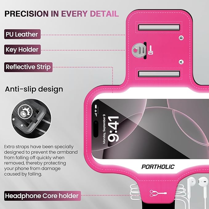 PORTHOLIC 2025 Running Armband Water Resistant Sports Phone Holder Case with Extension Strap, Key Card Slot Up to 6.9" Phone for iPhone 17/16/15/14/13 Plus Air Pro Max XR/XS, Galaxy S25/24/S10