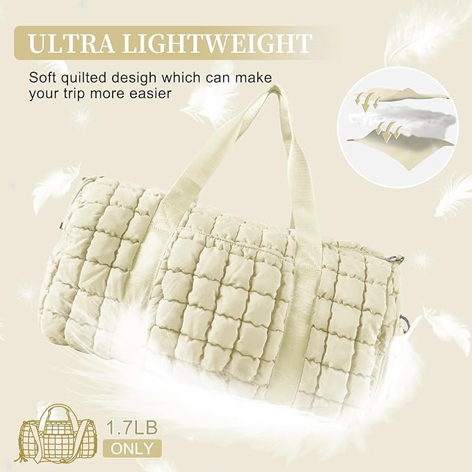 Quilted Travel Duffle Bag Gym Bag for Women,Large Puffer Duffle Weekender Bag with Compartment,Workout Overnight Carry on Organizer Bag Duffle Bag for Airplane Travel(L-Off-white)