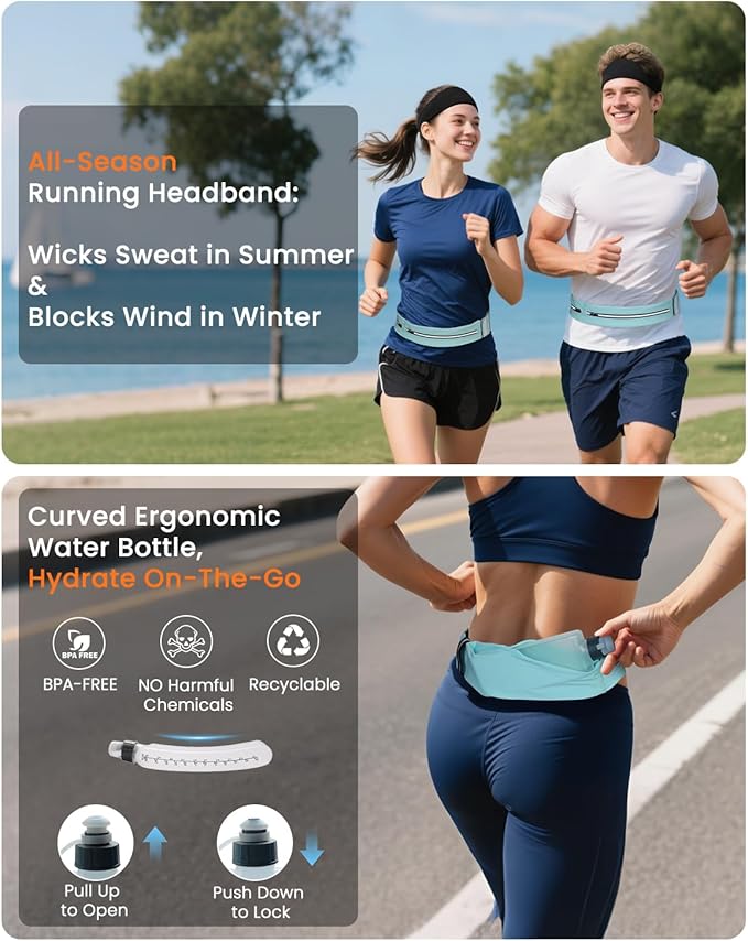 Running Belt with Water Bottle & Headband, No-Bounce Hydration Belt Adjustable Reflective Waterproof Fanny Pack for Women & Men, Fits All Phones (M-Blue)
