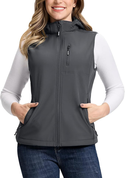 Outdoor Ventures Women's Hooded Lightweight Softshell Vest, Windproof Fleece Lined Sleeveless Jacket for Golf Running Travel