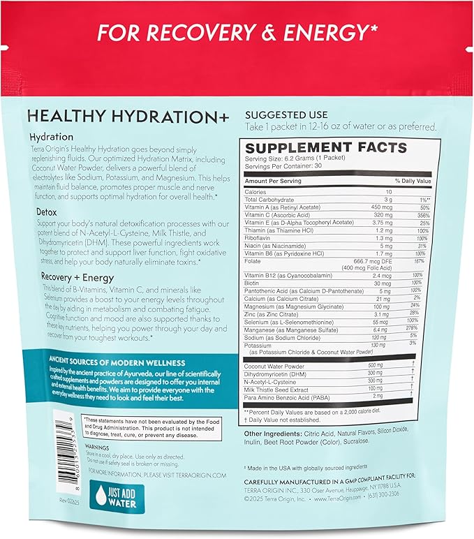TERRA ORIGIN Healthy Hydration+ Recovery Drink Mix | 30 Stick Packs | Zero Sugar Added, Gluten Free | Cranberry Limeade