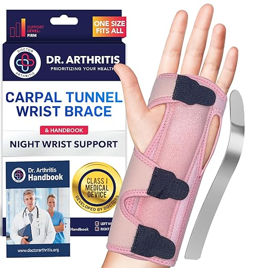 Dr. Arthritis Doctor Developed Premium Carpal Tunnel Night Wrist Brace & Support & Handbook, Fully Adjustable with Comfort Padding & Shaping (Pink Single)