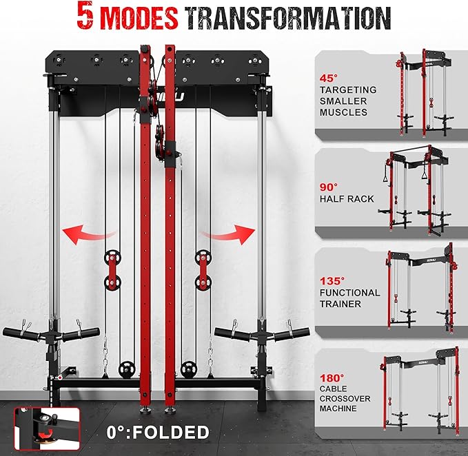 WM3-V4 Folding Squat Rack, Wall Mounted Power Rack with Dual Independent Pulley System, Functional Trainer with 5 Adjustable Function Modes for Space Saving