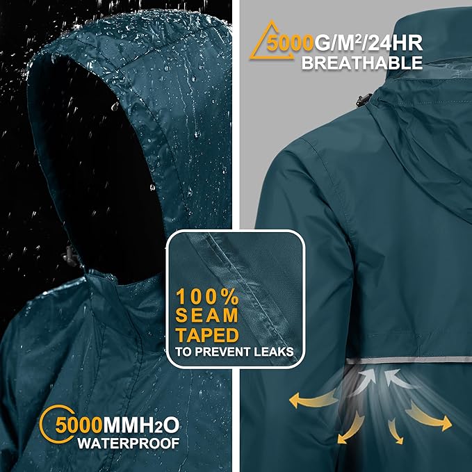 Outdoor Ventures Men's Rain Jacket Waterproof Lightweight Packable Rain Pullover for Hiking Golf Running