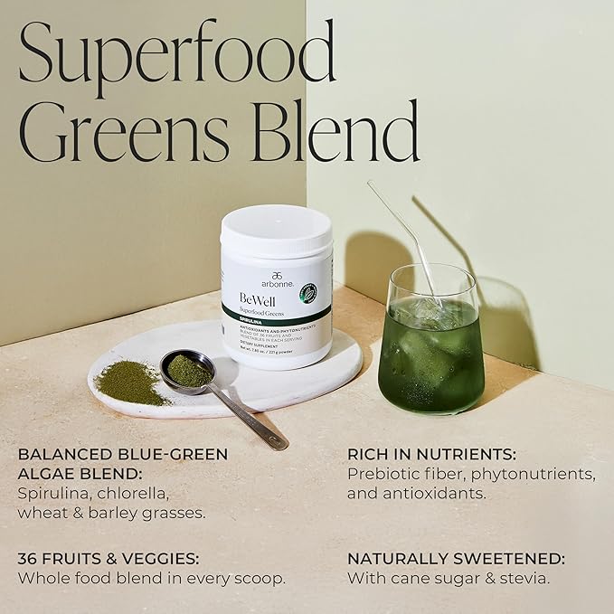 Arbonne BeWell Superfood Greens Powder - Health Supplement Powder Made from a Variety of Fruits and Vegetables, Organic Green Juice Supplement, 7.8 oz