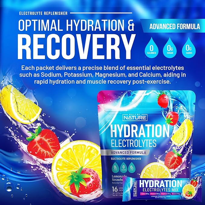 Electrolytes Powder Hydration Packets – Recovery Drink Mix with Sodium, Potassium, Magnesium, Calcium, Vitamin C & Zinc – Sugar Free, Keto, Non GMO & Vegan – Strawberry Lemonade – 16 Sticks