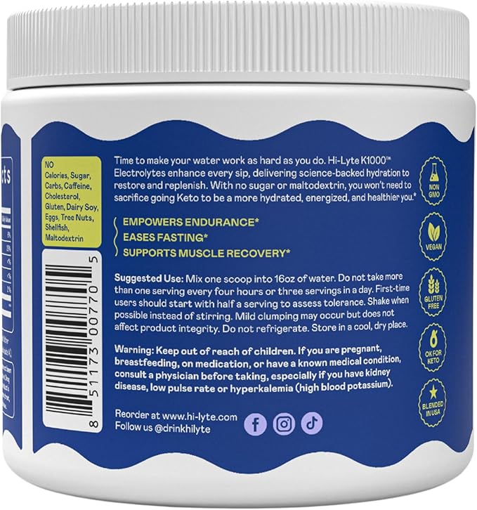 Hi-Lyte Keto K1000 Electrolyte Powder | Lemonade | Hydration Supplement Drink Mix | Boost Energy & Beat Leg Cramps | No Sugar, No Maltodextrin | 50 Servings