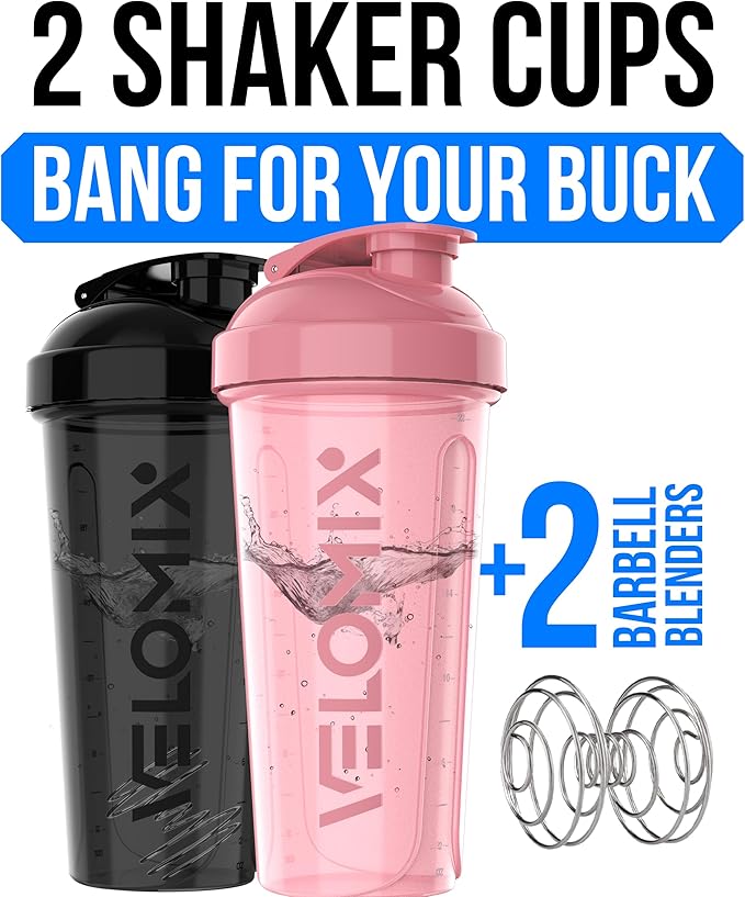 VELOMIX -2 Pack- 28 oz Protein Shaker Bottles for Protein Mixes - 2x Wire Whisk | Leak Proof Shaker Cups for Protein Shakes | Protein Shaker Bottle Pack | Shakers for Protein Shakes-Pink&Black