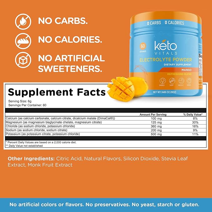 Keto Vitals Electrolytes Powder | Keto-Friendly Electrolytes with Potassium, Magnesium, Sodium, Calcium | Keto Electrolytes Supplement Energy Drink Mix | Sugar-Free, Zero Calories, Zero Carbs
