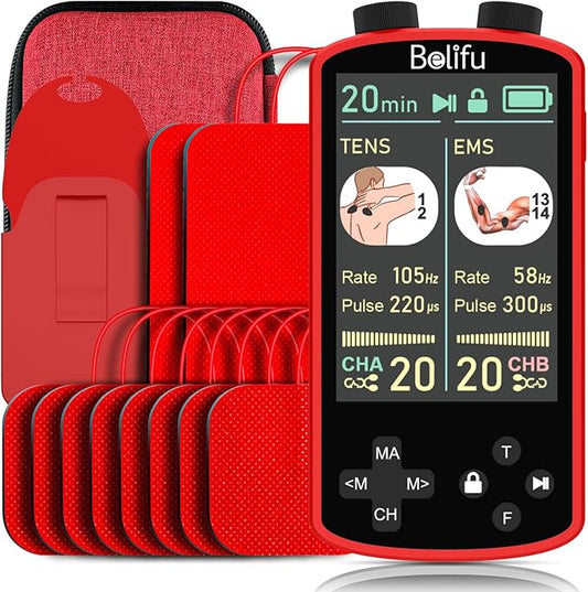 TENS EMS Unit Muscle Stimulator for Pain Relief Therapy - 4 in 1 TENS & EMS & Relax & Custom Frequency + Pulse - Muscle Massager 36 Modes 20 Intensity, Memory & Favorites Function with 600mAh Battery
