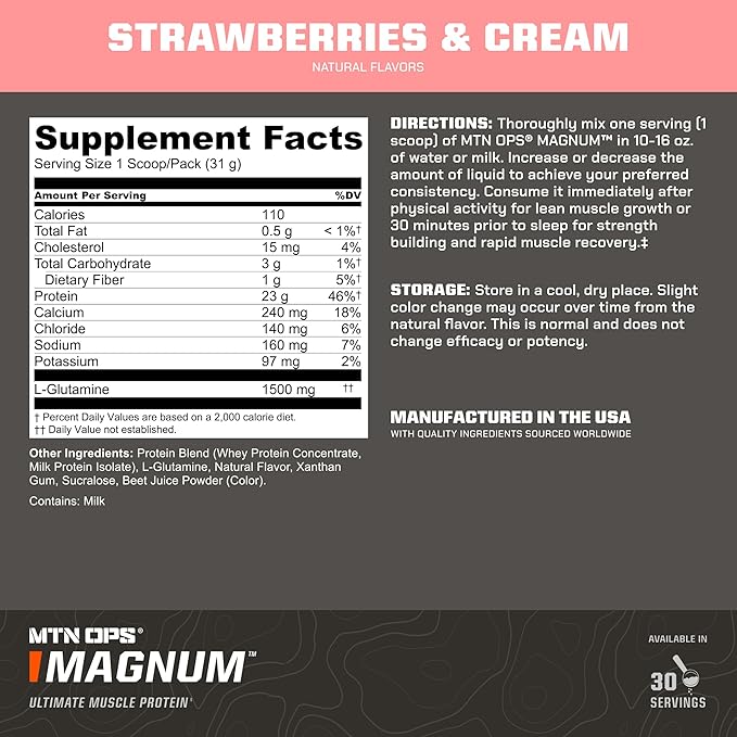 MTN OPS Magnum Strawberry Protein Powder, 23g of Whey Isolate Protein & Milk Protein with BCAAs, Zero Sugar & Gluten Free, Strawberries & Cream, 30-Serving Tub