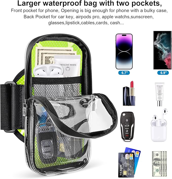 Clear Running Phone Holder Armband, Sports Armband Case for iPhone 16 15 14 13 Pro Max 12 11 Plus X XS Samsung up to 6.9'', Universal Arm Bands Bag with Key Card Pocket for Exercise Walking Workout