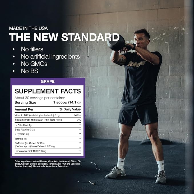 RAW Essential Pre-Workout Powder (Grape) - Chris Bumstead Sports Nutrition Supplement for Men & Women - Preworkout Energy Powder with Caffeine, L-Citrulline, L-Tyrosine, & Beta Alanine Blend