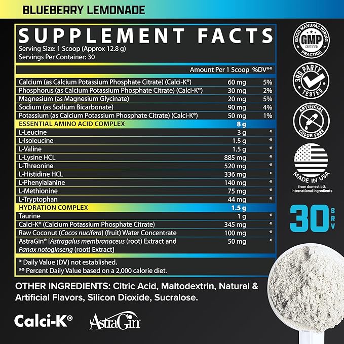 Nutrex Research EAA Hydration | EAAs + BCAA Powder | Muscle Recovery, Strength, Muscle Building, Endurance | 8G Essential Amino Acids + Electrolytes | Blueberry Lemonade 30 Servings