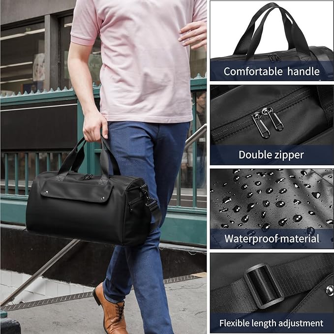 REEYEE Small Gym Bag, Black Waterproof Duffle Bag for Men Women, Cordura Workout Bag with Trolley Sleeve, Duffle Bag for Travel, Sports, Fitness, Training, Yoga, Hospital