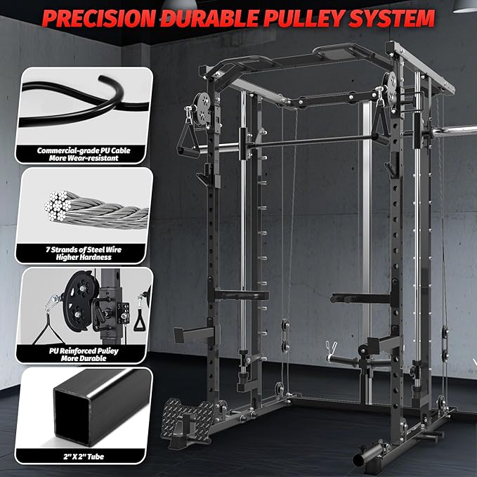 GarveeLife Power Cage, Smith Machine Squat Rack, Heavy Duty Power Rack for Home Gym with Pulley System, Dip Bar, LAT Pulldown, Multifunctional Squat Rack for Home Gym