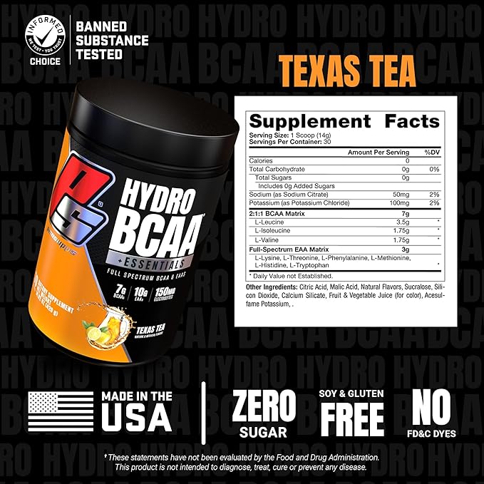 PROSUPPS HydroBCAA Essential Amino Acids Powder, Texas Tea - Workout Supplement with BCAA, EAAs & Electrolytes for Hydration & Recovery - Stimulant-Free, Soy & Gluten-Free - 30 Servings