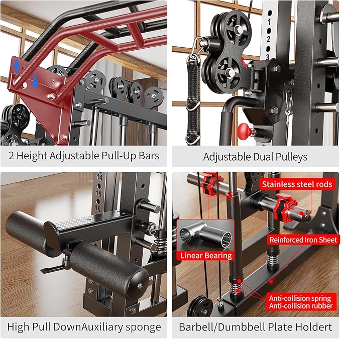Smith Machine with Cable Crossover System, Multi-Function Squat Rack Power Cage for Home Gym, Power Rack and Packages Weight Sets