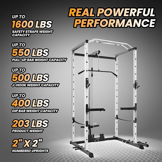 Power Cage with LAT Pulldown Machine - Squat Rack for Home Gym, Multi-Functional Weight Cage with Cable Pulley System, Dip Bars & Landmine Attachment