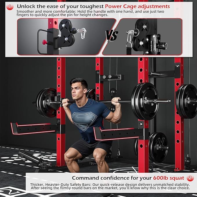 Power Squat Rack Cage Home Gym, 2000lbs All in One Dual Cable Crossover Machine with LAT Pulldown Strength Training Power Cages with Pulley Workout System, Garage Bench Press