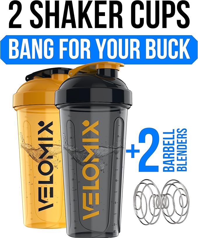 VELOMIX -2 Pack- 28 oz Protein Shaker Bottles for Protein Mixes - 2x Wire Whisk | Leak Proof Shaker Cups for Protein Shakes | Protein Shaker Bottle Pack (Golden Stone)