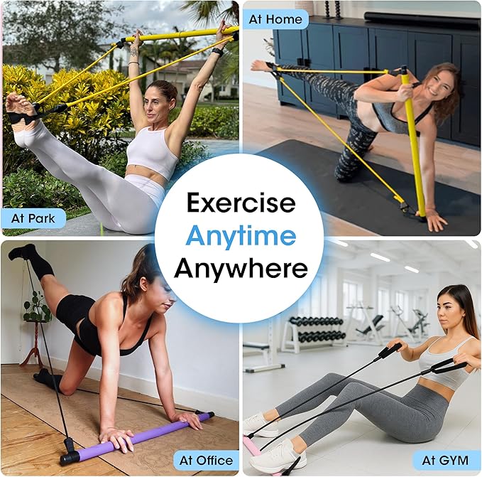 Stretched Fusion Pilates Bar Kit for Home Workouts | Portable Home Pilates Kit Set for Women & Men | Workout Bar for Legs, Hip, Waist and Arm | Includes Pilates Socks, 30-Day Challenge & Meal Plan