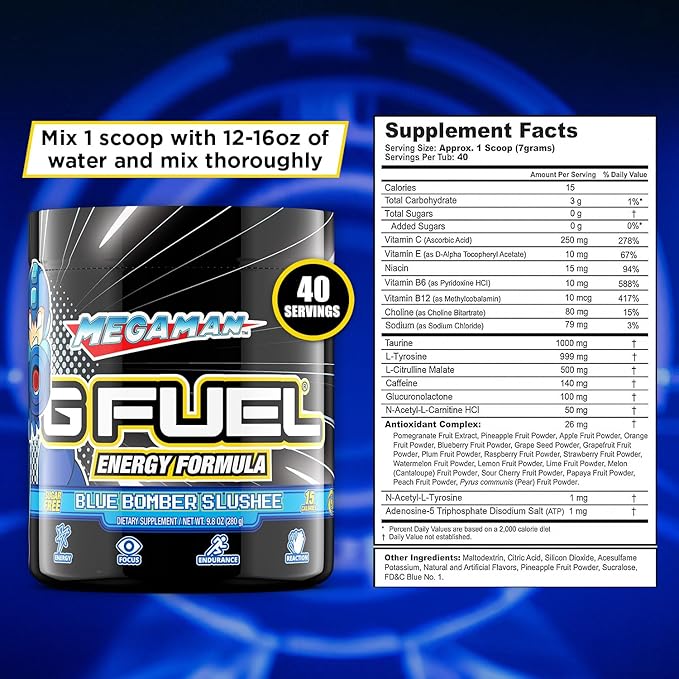 G Fuel Megaman Energy Drink Powder, Pre Workout Caffeine Mix for Gaming, Sugar Free Focus Amino, Vitamin + Antioxidants, 9.9oz (Blue Slushee, 40 Servings)