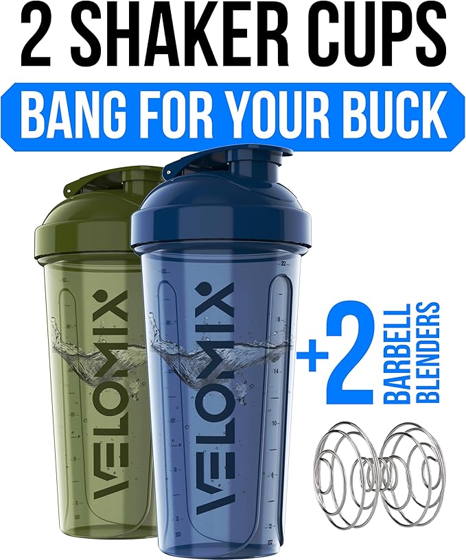 VELOMIX -2 Pack- 28 oz Protein Shaker Bottles for Protein Mixes - 2x Wire Whisk | Leak Proof Shaker Cups for Protein Shakes | Pre Workout Shaker Bottle | Shakers for Protein Shakes-Green&Blue