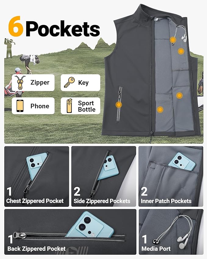 Outdoor Ventures Men's Windproof Softshell Vest Outerwear Lightweight Sleeveless Jacket for Running Golf Hiking Travel