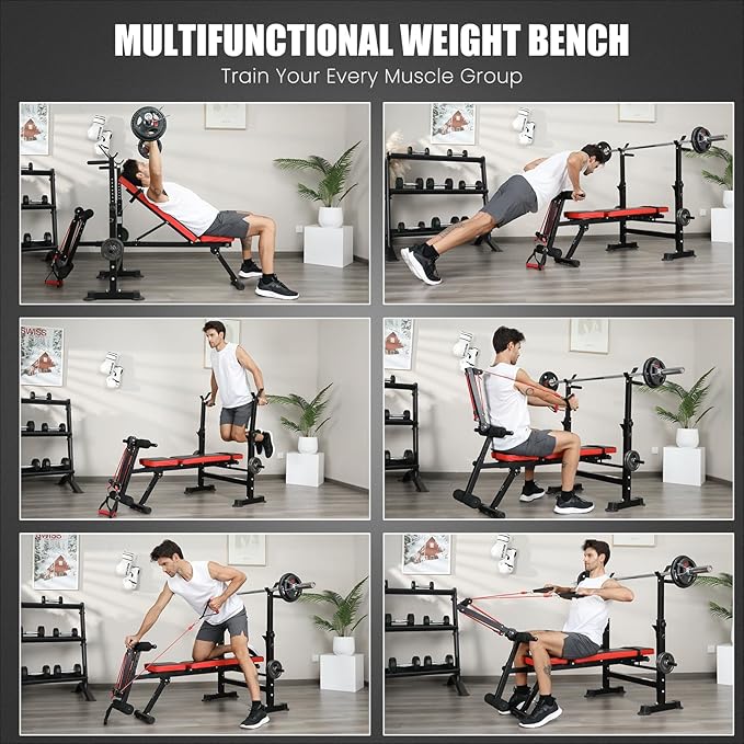 OPPSDECOR 6 in 1 Adjustable Weight Bench with Squat Rack and Removable Foot Bracket, 600lbs Bench Press Set Workout Bench with Weight Storage Sit up Incline Flat Decline Strength Training for Home Gym