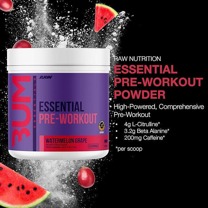RAW Essential Pre-Workout Powder (Watermelon Grape) - Chris Bumstead Sports Nutrition Supplement for Men & Women - Preworkout Energy Powder with Caffeine, L-Citrulline, L-Tyrosine & Beta Alanine Blend
