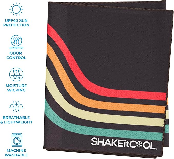 SHAKEitCOOL Extended Size Cooling Towel โ Be Cool in Style - Heat Relief, Soft, Lightweight, Sun Protection, Easy Clean - Perfect for Biking, Hiking, Running, Yoga, Golf, Gardening - Retro Wave M