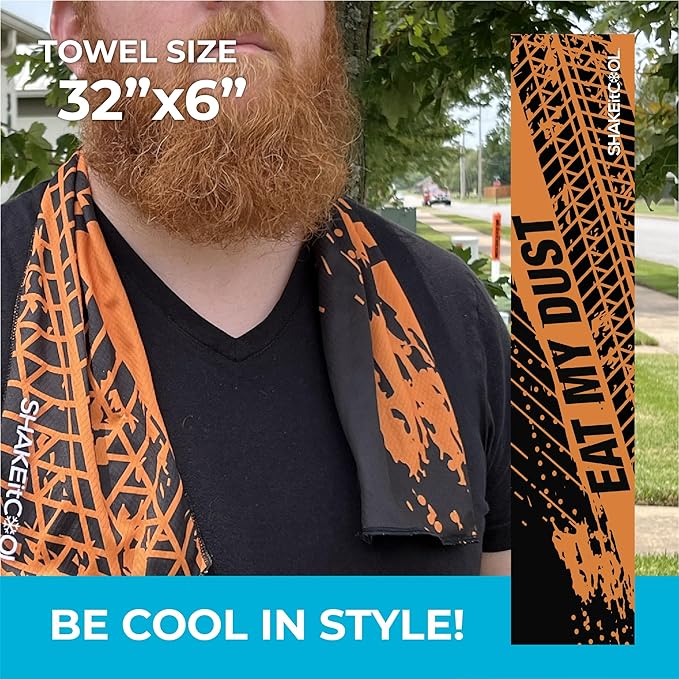 SHAKEitCOOL Original Cooling Towel โ Be Cool in Style - Heat Relief, Soft, Lightweight, Sun Protection, Easy Clean - Perfect for Biking, Running, Yoga, Gym, Gardening - Eat My Dust