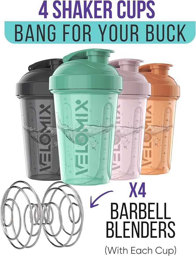 VELOMIX -4 PACK- 20 OZ Protein Shaker Bottles for Protein Mixes, Shaker Cups for Protein Shakes, Small Shaker Bottle Pack, Shaker Cup, Shakers for protein Shakes (Mint Drift)