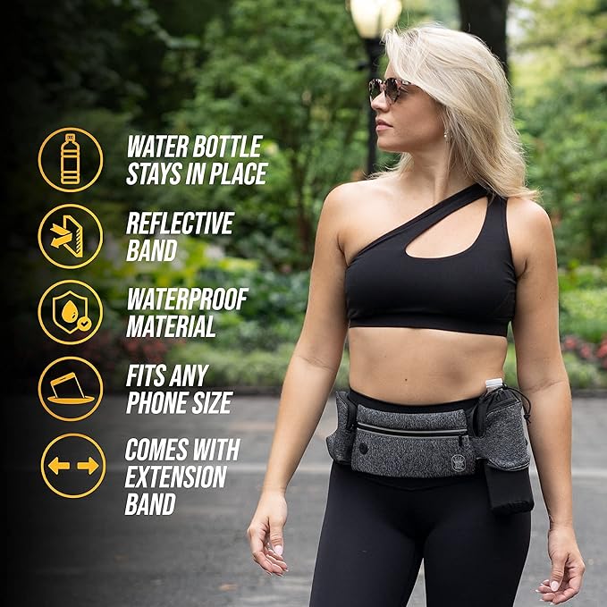 Running Belt with Water Bottle Holder - Waist Bag With Extender for Jogging, Hiking, Cycling, Walking - Dog Walker Hydration Fanny Pack - Sport Pouch iPhone Carrier for Women and Men - Gray