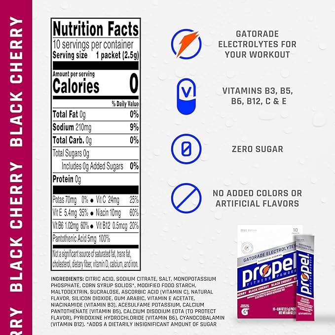 Propel Electrolyte Enhanced Water Drink Mix Powder Packets, Black Cherry, Zero Calorie & Zero Sugar Hydration with Electrolytes and Vitamins C & E (120 Packets)