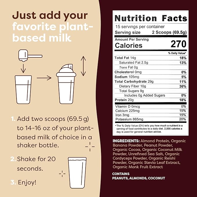 FlavCity Vegan Protein Powder - Chocolate Peanut Butter - 20g Almond, Plant Based Protein Powder - Dairy-Free Shake - With Organic Fruit, Reishi & Cordecyps Mushrooms - No Blender Needed (15 Servings)